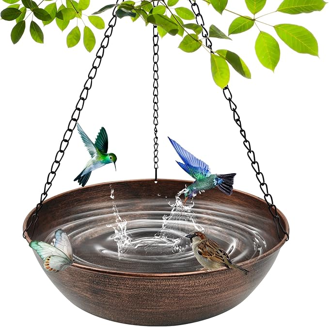 Hanging Bird Bath for Outside, 13" Metal Bird Bath Bowl with Chains & Hook Outdoor Hanging Birdbath for Tree, Gazebo, Patio, Balcony, Gift for Bird Lovers