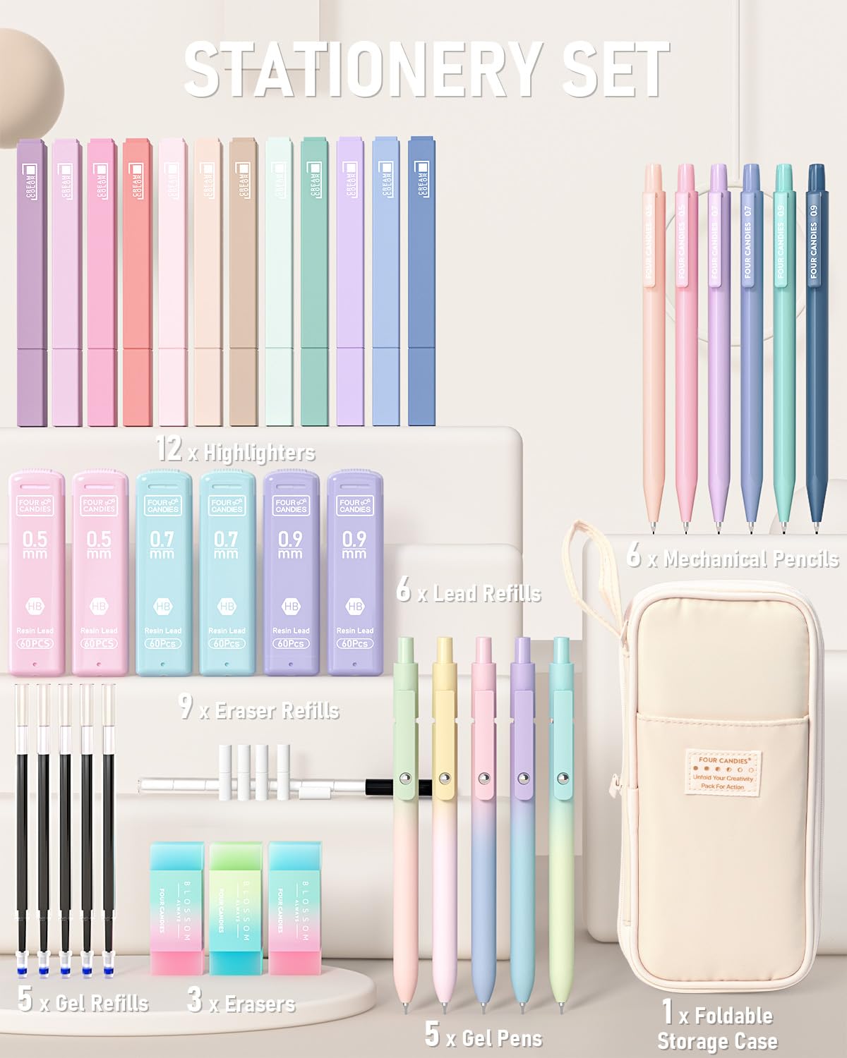 Four Candies 39 PCS Aesthetic School Supplies with Cute Pen Case, 12 Pastel Highlighters, 5 Black Ink Gel Pens, 6 Mechanical Pencils Set for Students Stationery College Essentials, Cream