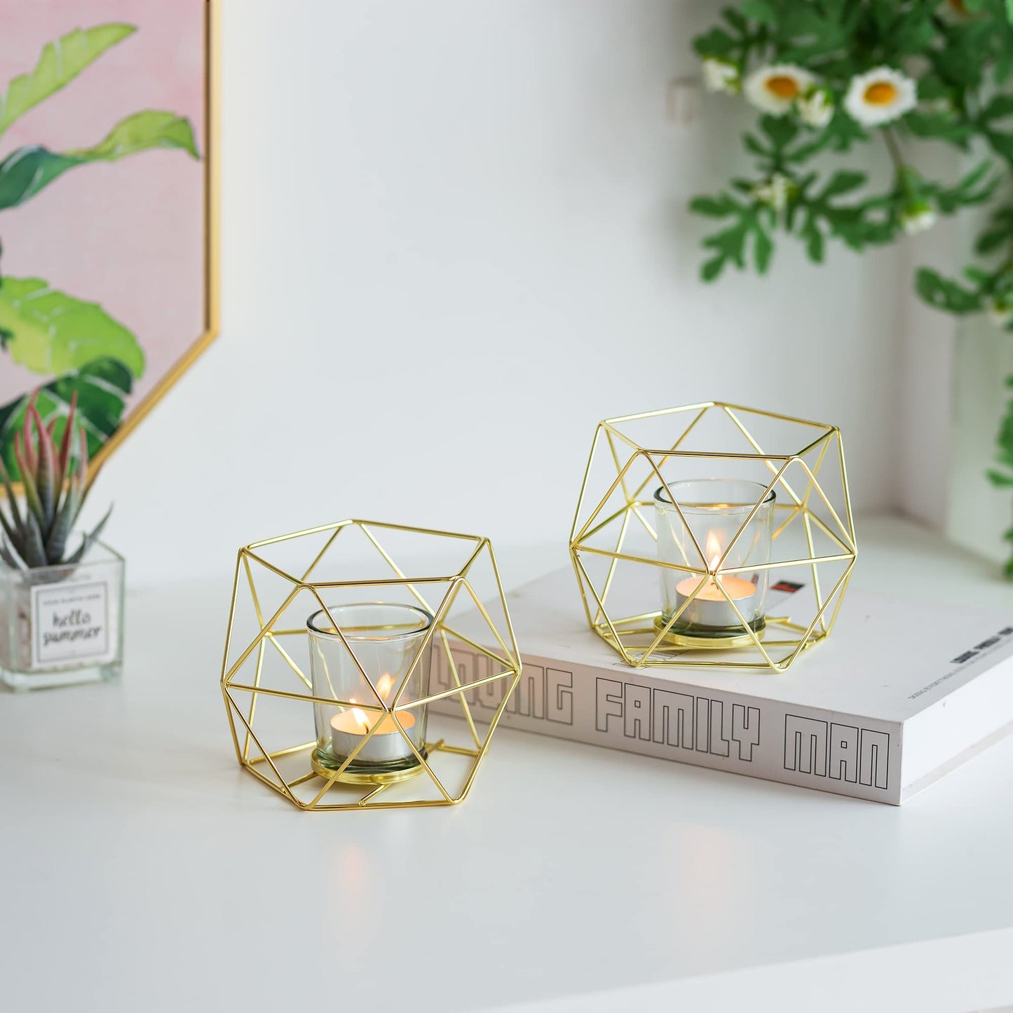 20pcs Geometric Candle Tealight Holders Gold - Holder for Tea Light Decorative Votive Candle Stand Accents for Home Table Shelf Mantel Modern Geo Decoration Christmas Wedding Reception Décor, Gold