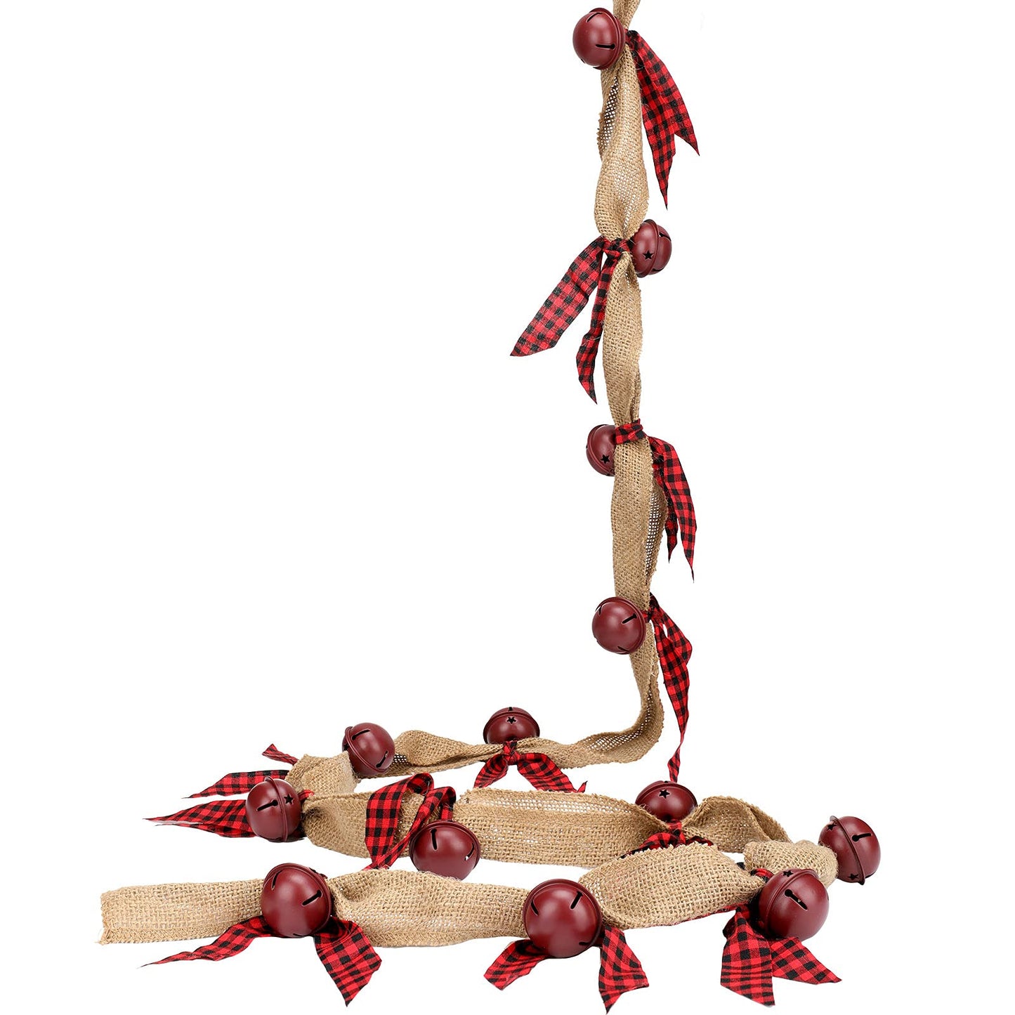 9 FT Christmas Rustic Burlap Garland Metal Sleigh Bells Garland Plaid Ribbon Country Charm Jingle Bells Hanging Checked Buffalo Decor for Christmas Holiday (Black and Red)