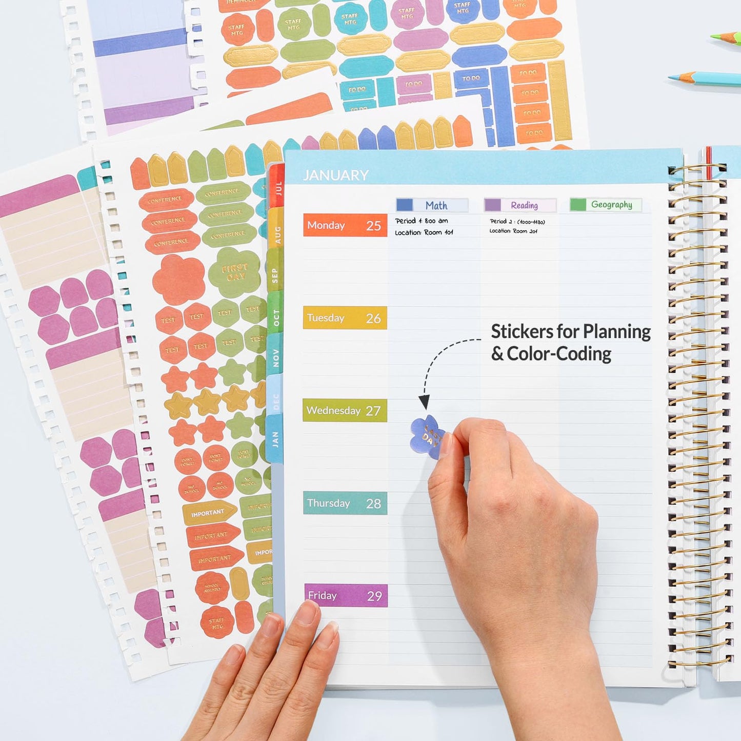 SUNEE Deluxe Teacher Planner 2026-2027, Lesson Planner Book with 7 Periods Jul 2026 - Jun 2027, 8.5" x 11" Daily Weekly and Monthly Organizers with Colorful Tabs, Planning Stickers,120gms Paper, Blue