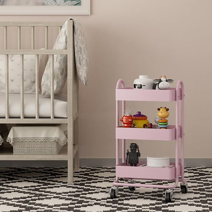 Metal Rolling Cart,3-Tier Pink Rolling Cart with Wheels,Metal Utility Cart with Wheels for Office,Home,Kitchen,Garden（13.4"x18.1"x31"） Pink