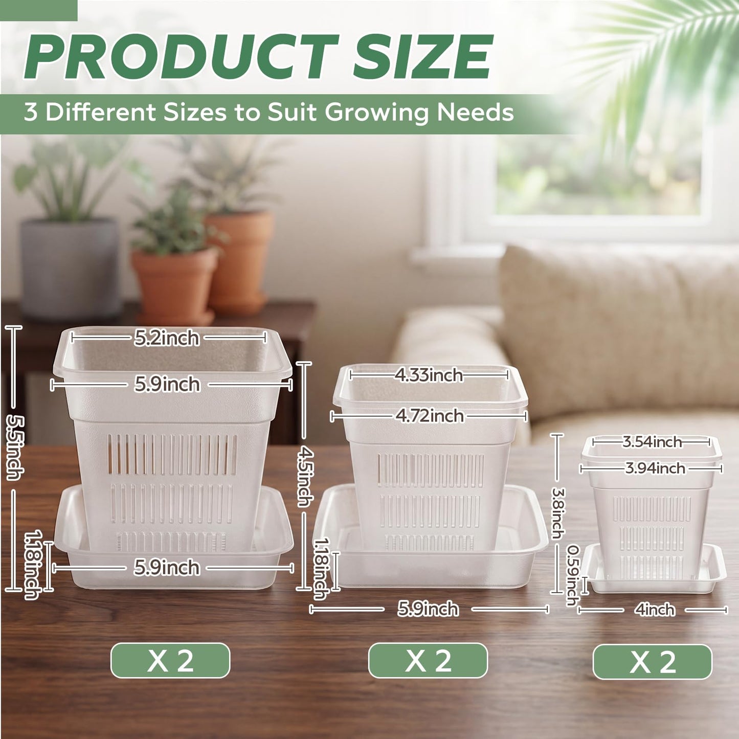 Wonderjune 6 Set Clear Orchid Pots with Holes and Saucers, 2 Each of 4", 4.7", 5.9" for Repotting, Plastic Planter Flower Slotted Square Nursery Pots with Drainage for Root Health Indoor Outdoor
