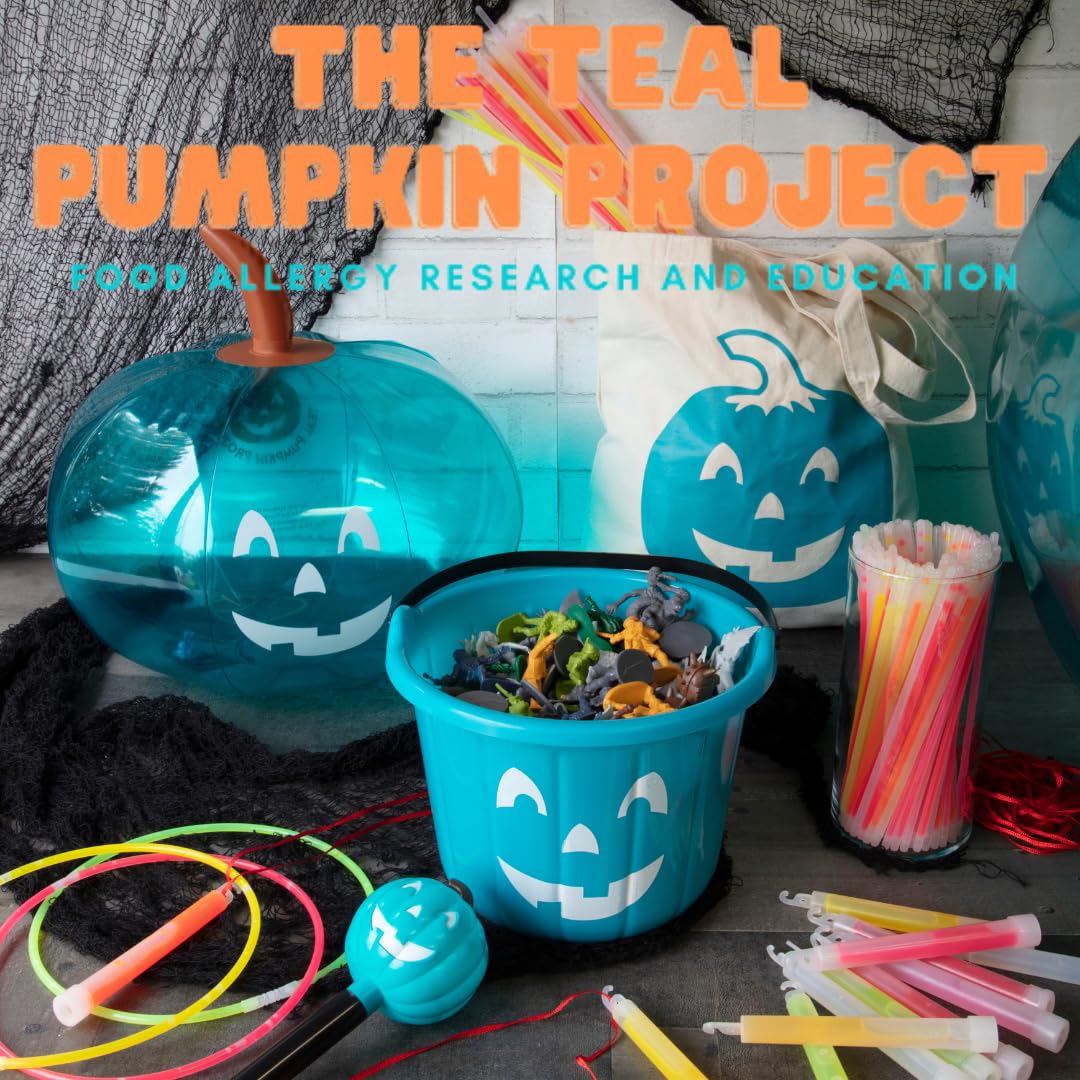 Teal Pumpkin Halloween Trick or Treat Bucket 8.5 in (2 Pack)-Official Teal Pumpkin Project Allergy-Friendly Candy Pail Accessory and Party Decoration Supplies, Haunted House Plastic Bowl w Handle