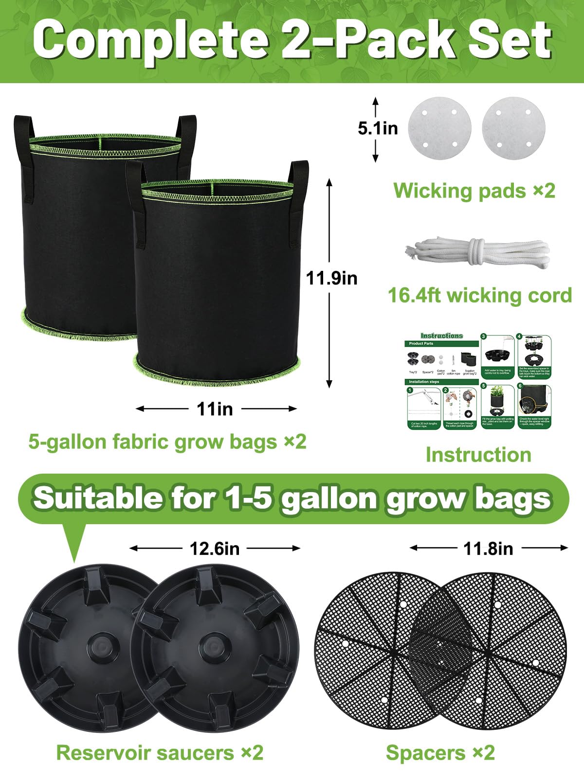 MADHOLLY Self Watering Pots for Indoor Plants with Grow Bags - 2 Pack 5 Gallon Thick Fabric Auto Irrigation Planter with Portable Handles, Water Storage Saucer, for Outdoor Vegetables, Herbs, Flower