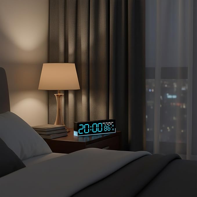 zyzamay 7 Inch Modern LED Digital Alarm Clock with Dual Alarms & Soft Bottom Light｜Displays Time, Date, Day, Temperature｜3-Level Auto/Manual Brightness, DST, USB or Battery Powered Desk Clock,Blue