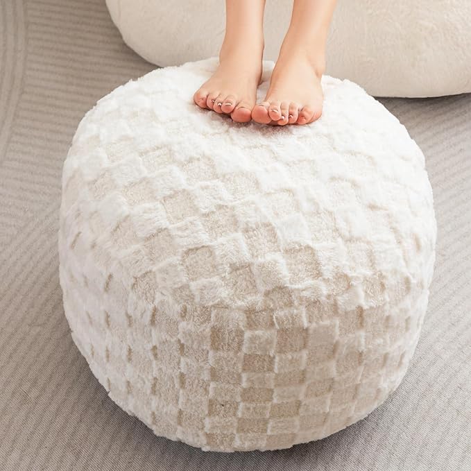 HIGOGOGO Round Stuffed Pouf Ottoman, Plaid Poufs