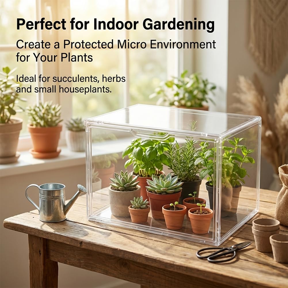 Mini Greenhouse for Indoor, Stackable Acrylic Plant Nursery with Magnetic Easy-Access Door, Tabletop Small Green House for Seedling Germination, Succulents & Cactus, 14.1x8.6x10.6 Inch