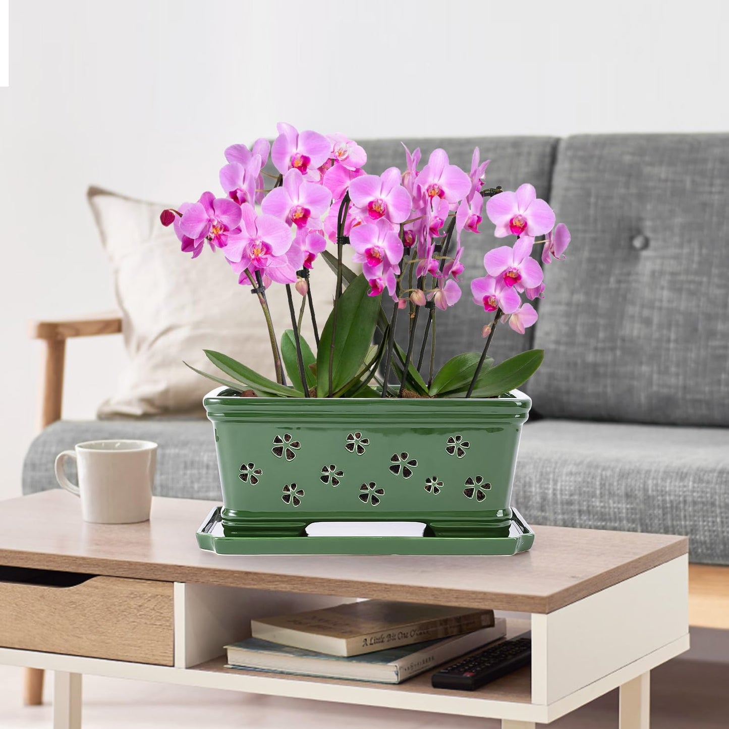 EXQUAILTY Orchid Pot with Holes12 Inch Ceramic Plant Pots with Drainage Holes and Tray, Promoting Air Circulation and Drainage, Indoor/Outdoor Green Flower Pots