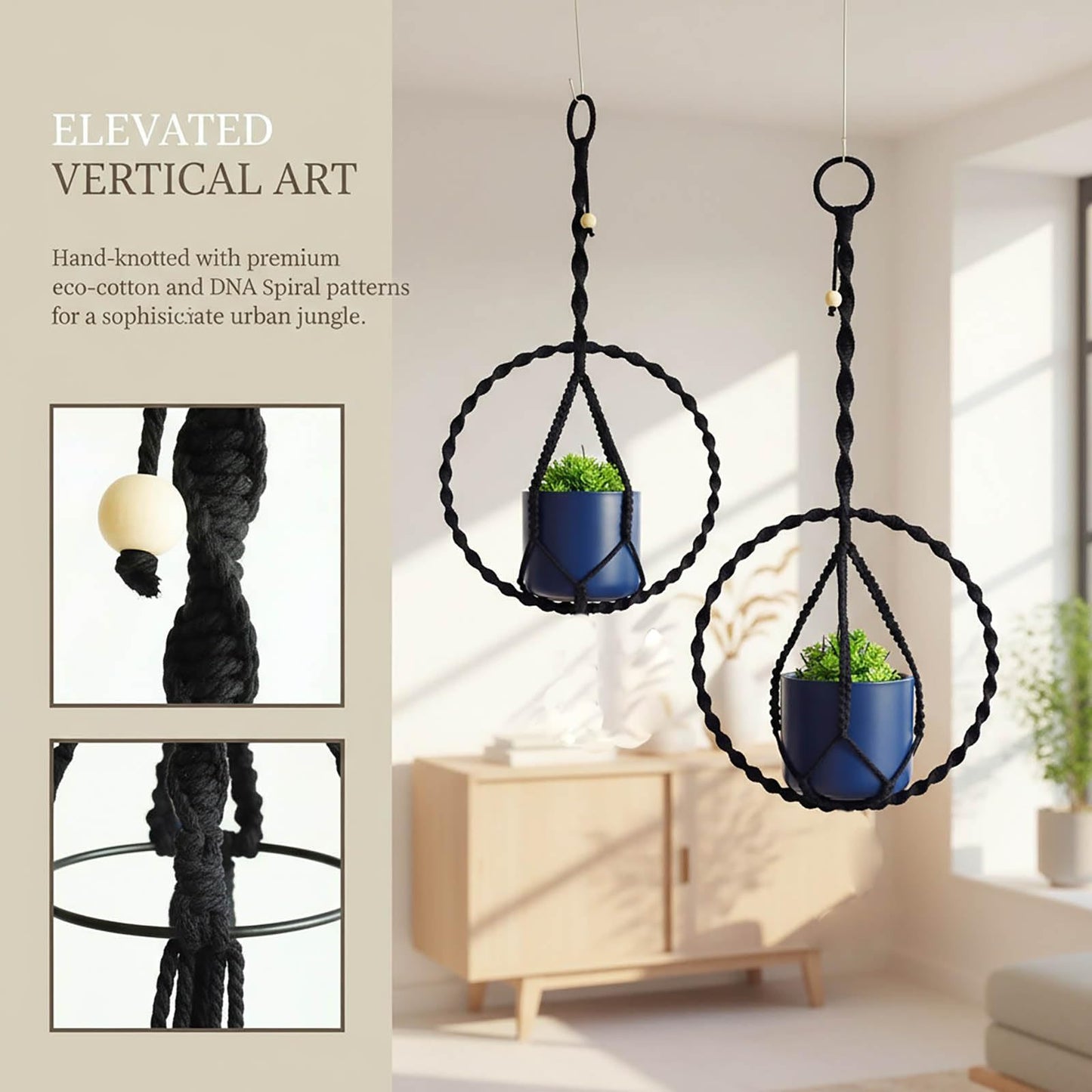 Macravine 2-Pack Indoor Plant Holder, Macrame Hanging Planter for Home Decoration, Boho Plant Hanger by Window, 2 Sizes: 11.8" X23.6“, 11.8“ X31.5” Black(No Pot and Plant Included)