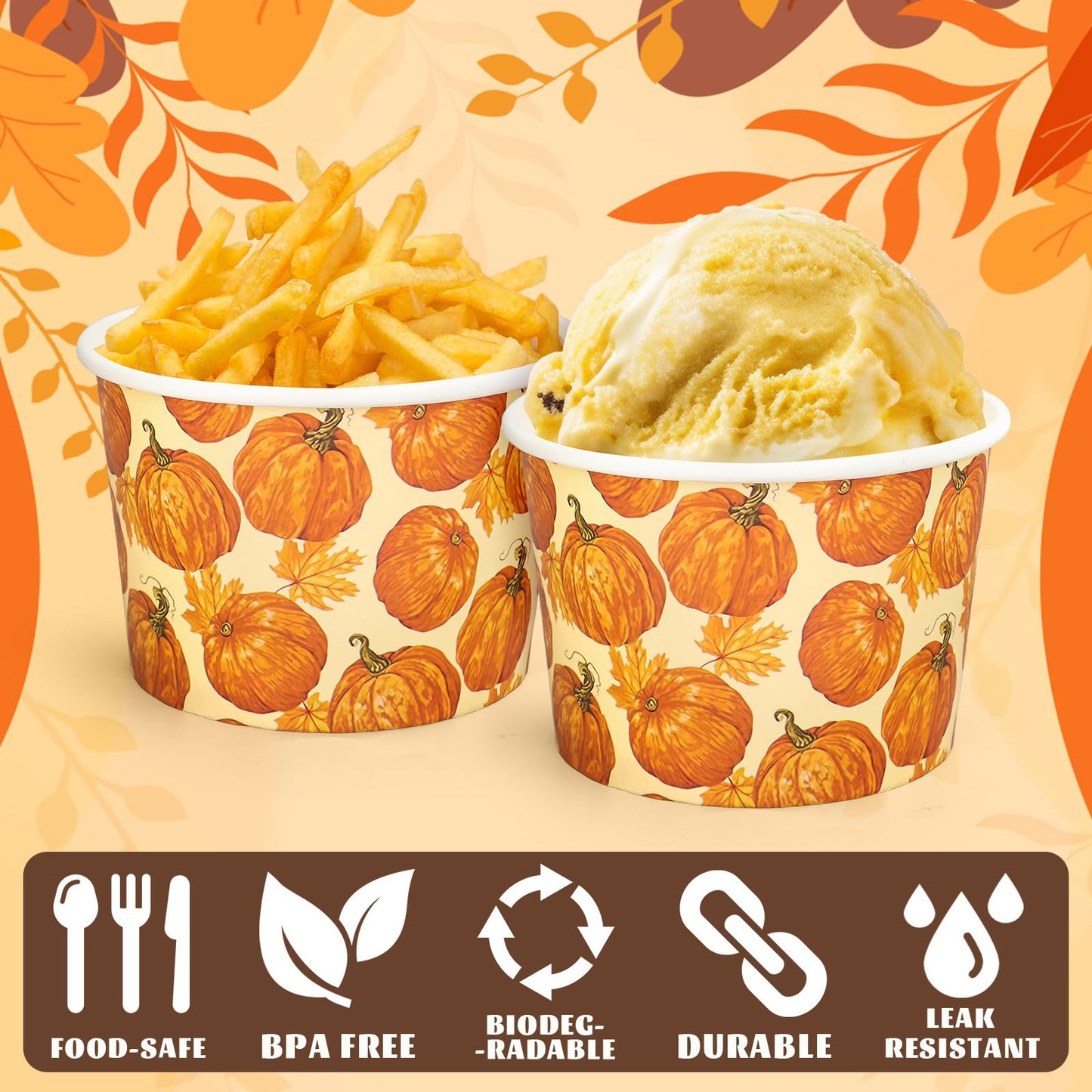 Whaline 50 Pcs Fall Pumpkin Snack Cups Watercolor Pumpkin Maple Leaves Disposable Bowls 9oz Ice Cream Dessert Treat Paper Bowls for Autumn Harvest Thanksgiving Party Food Supplies