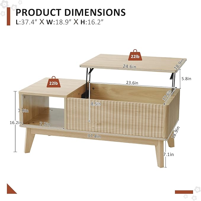 LYNCOHOME Fluted Lift Top Coffee Table
