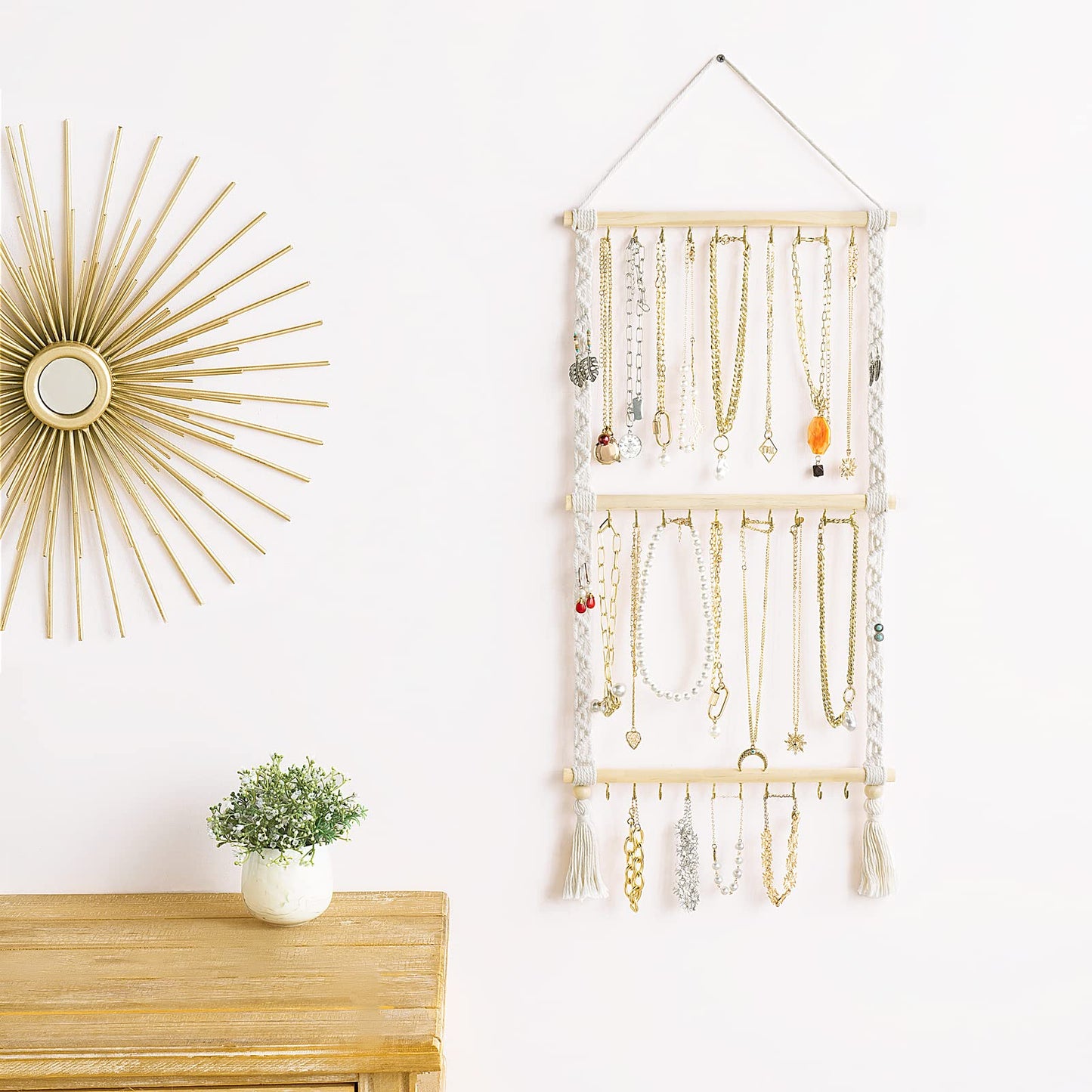 Dahey Hanging Jewelry Organizer Macrame Necklace Holder with 30 Hooks and Macrame Headband Holder with 30 Hooks Boho Nursery Decor for Baby'S Room