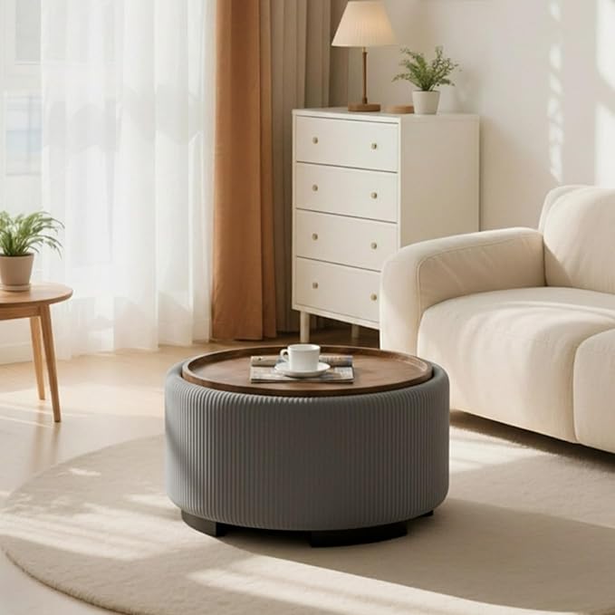 29.5 Inch Round Storage Ottoman Coffee Table, Modern Circle Coffee Table