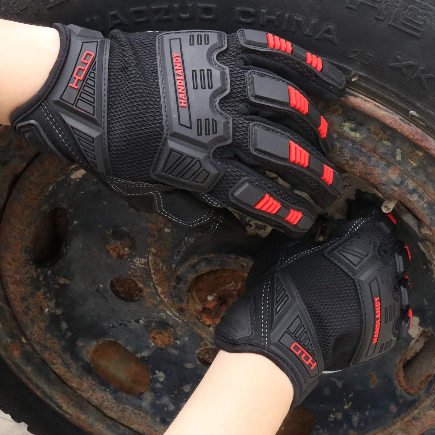 HANDLANDY Mens Work Gloves Touch screen, Utility Mechanic Gloves, Flexible Breathable Fit- Padded Knuckles & Palm (Black & Red, Large)