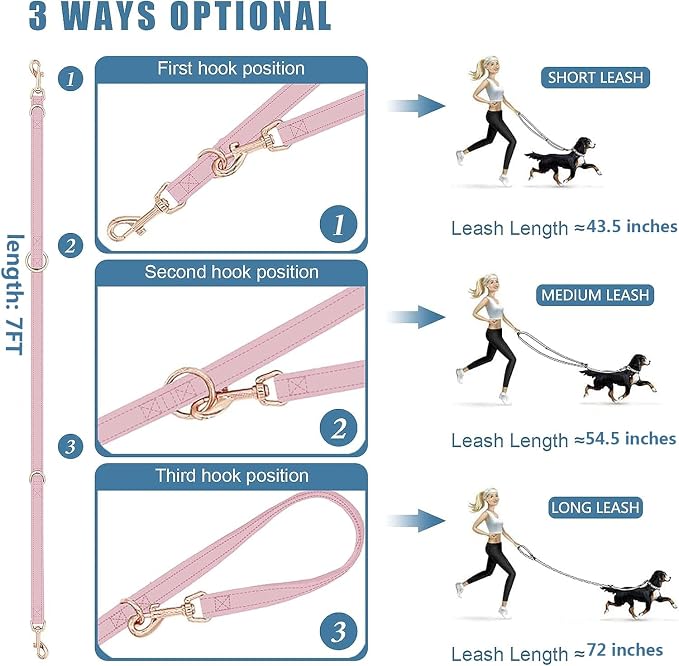 Leather Dog Collar and Leash Set 7FT Reflective at Night - Soft and Easy to Clean Vegan Leather with Gold Metal Buckle for Small Medium Large Dogs (L, Pink)