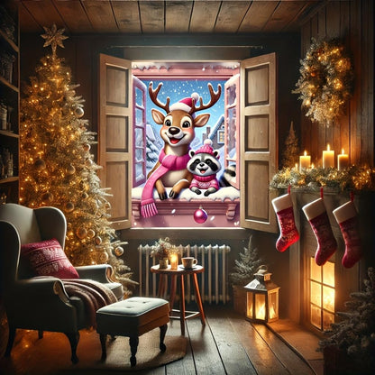 Tomhong Christmas Reindeer and Raccoon Window Banner 31x47 Inch Snowy Scene Holiday Decoration for Indoor Outdoor Home Wall or Window Display Cozy Christmas Decor