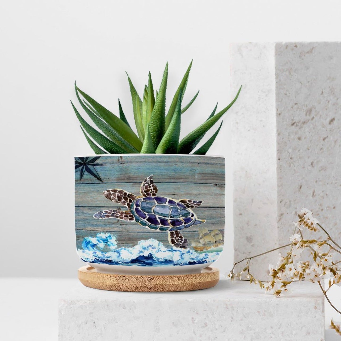 DreamAutumn Ocean Theme Sea Turtle Ceramic Pots for Plants with Drainage Holes Round Flower Pot Bamboo Tray Orchid Pot Succulents Pots for Outdoor Indoor Plants,Housewarming Gifts