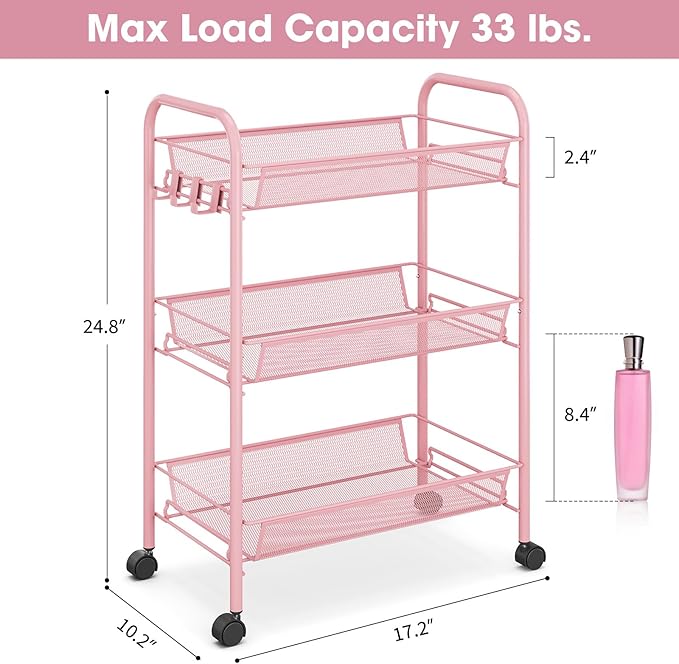 TOOLF 3 Tier Rolling Cart Pink