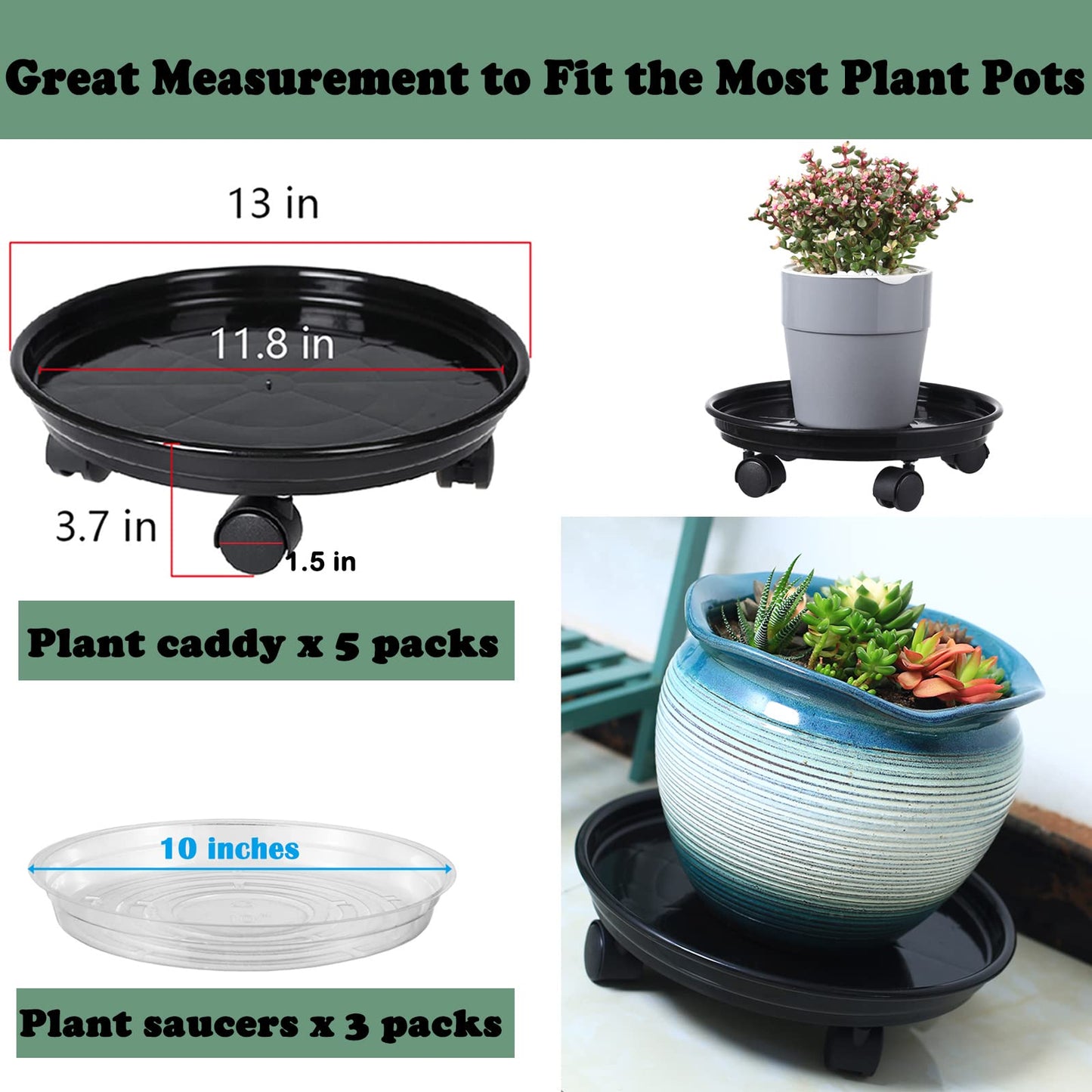 Circloophs 5 Packs Plastic Plant Caddy with Casters 12" Heavy-duty Plant Dolly Rolling Plant Stand with Wheels for Moving Heavy and Large Plant Pot Saucers Plant Rollers Indoor and Outdoor, Black