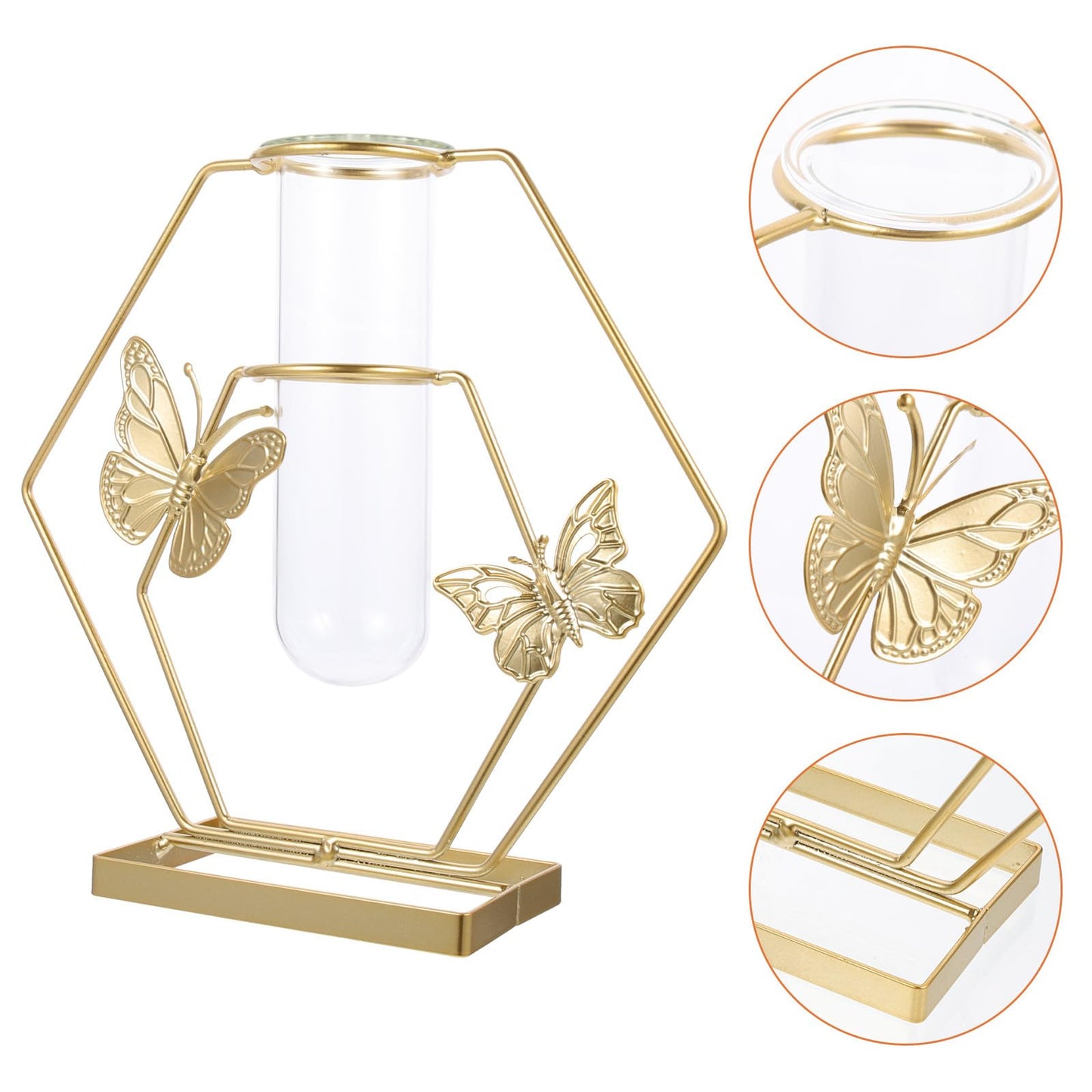 BESPORTBLE Hydroponic Glass Vase with Butterfly Pattern, Hexagonal Decorative Flower Holder, Metal Frame Plant Terrarium for Home and Living Room Table Décor
