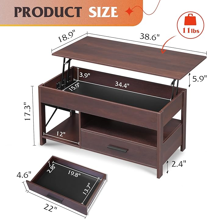 WLIVE Lift Top Coffee Table, Hidden Compartment, Wooden Lift Tabletop Center