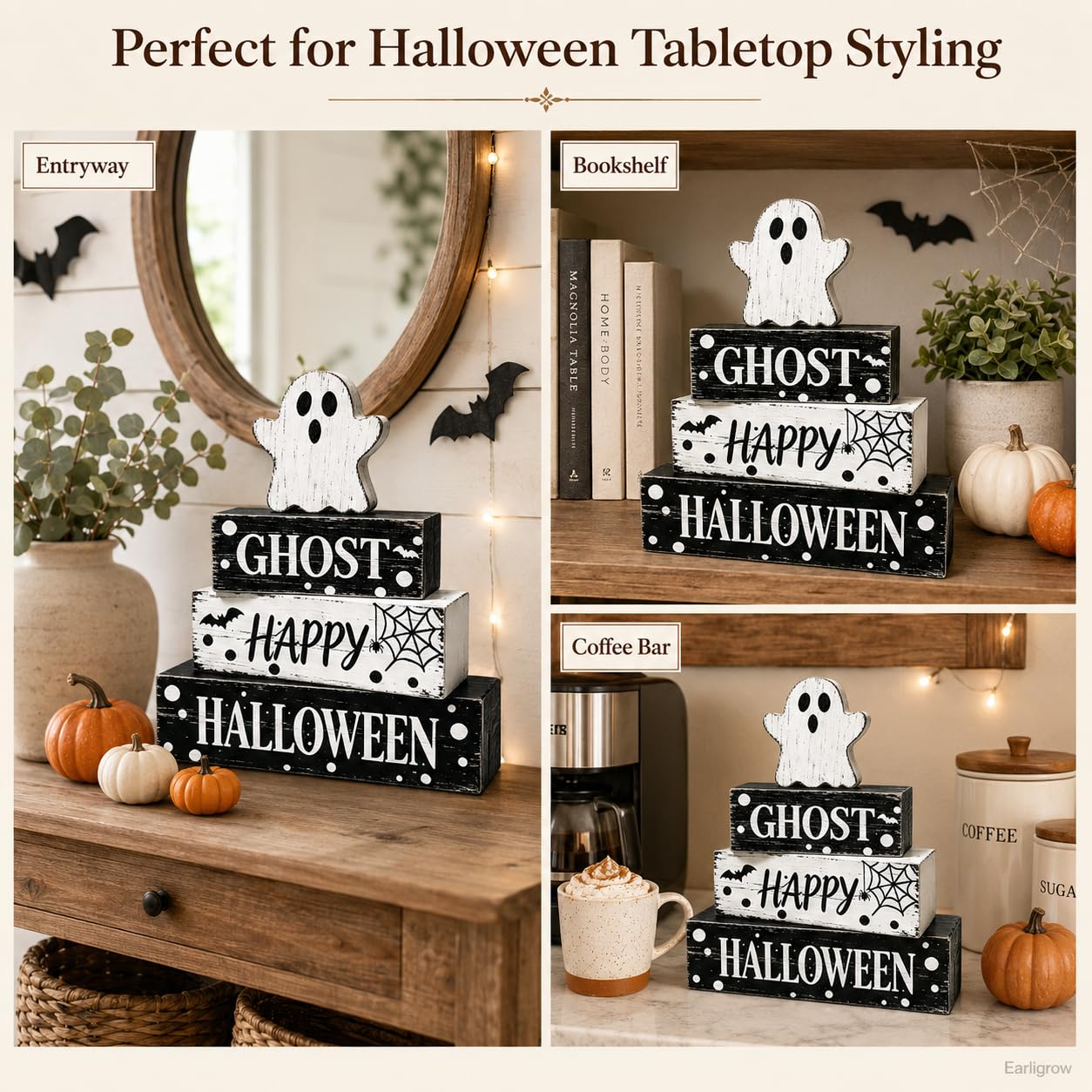 4 Pcs Ghost Halloween Decor Rustic Black and White Polka Dot Wooden Tiered Tray Block Signs Farmhouse Spooky Halloween Table Centerpiece Decor for Home Kitchen Shelf Coffee Bar