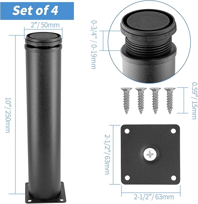 10 Inch Metal Furniture Legs Stainless Steel Adjustable Legs Black Metal Legs