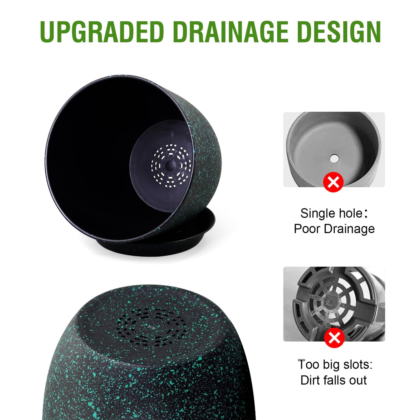 WSMKSZ Plant Pots 10/9/8 inch, Set of 3 Modern Decorative Plastic Planters with Drainage Holes and Saucers for Garden House Plants, Flower Pots for Indoor Outdoor Plants, Black with Green Speckles