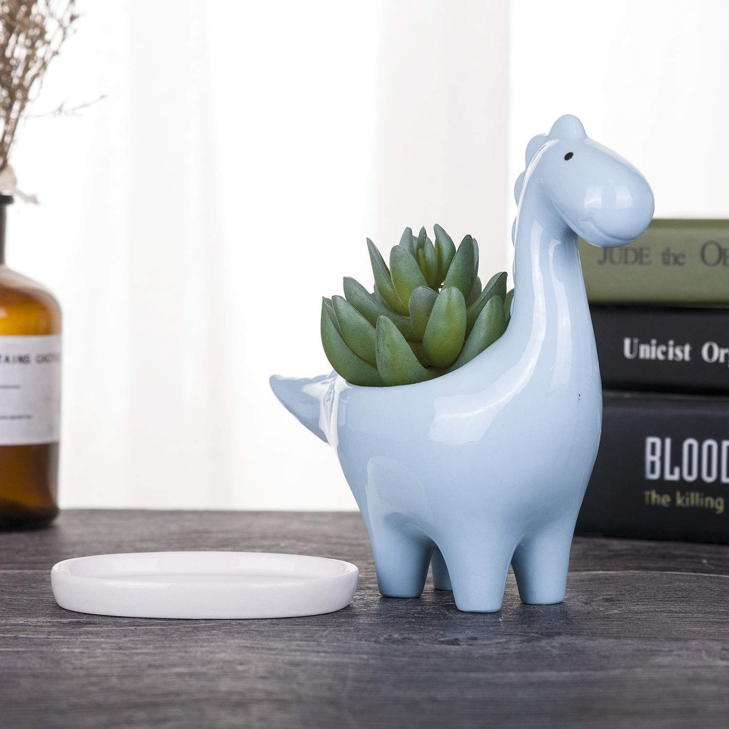 VanEnjoy Desktop Cute Cartoon Herbivorous Dinosaur White Ceramic Succulent Planter with Tray, Bonsai Cactus Flower Pot Vase Holder Decorative Organizer