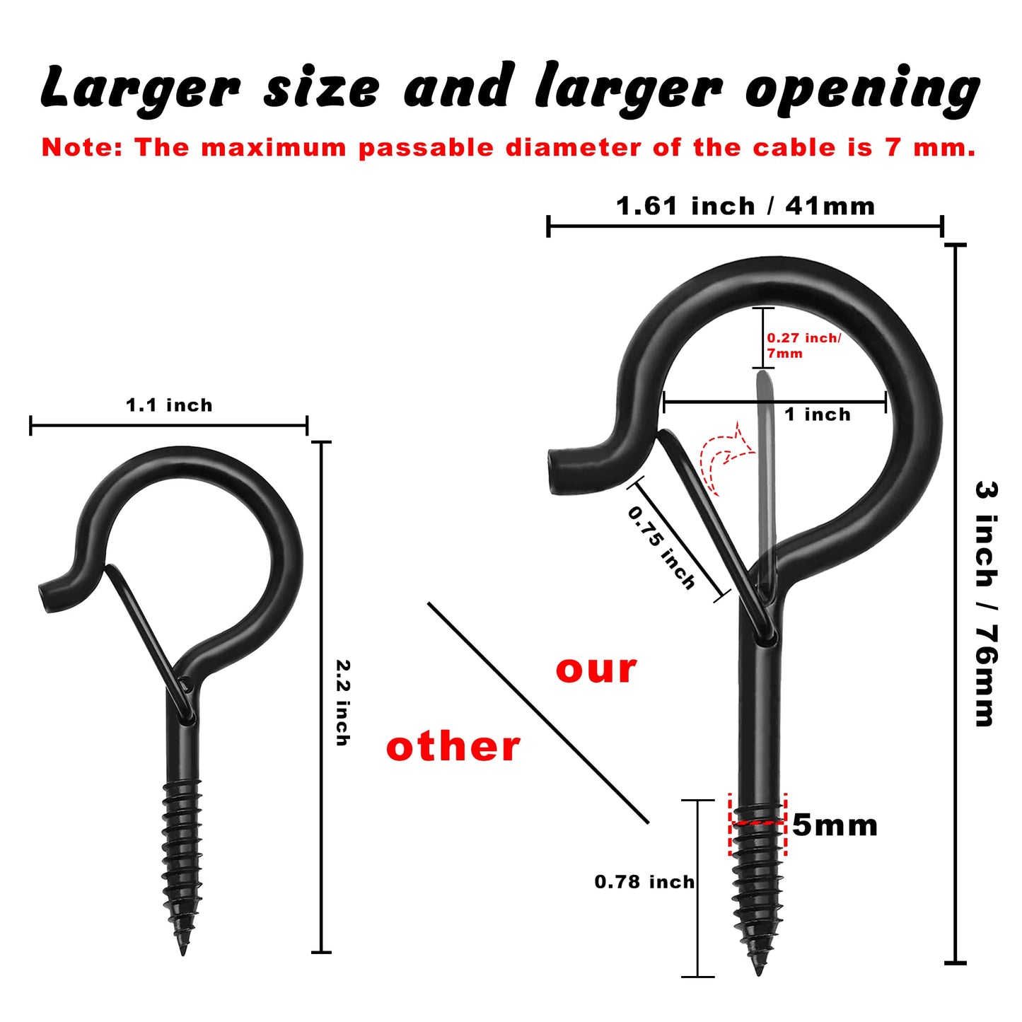 Ansxiy 20 PCS 3 inches Q-Hanger Hooks with Safety Buckle, Screw Hooks for Outdoor String Lights, Ceiling Hooks for Hanging Plants, Black