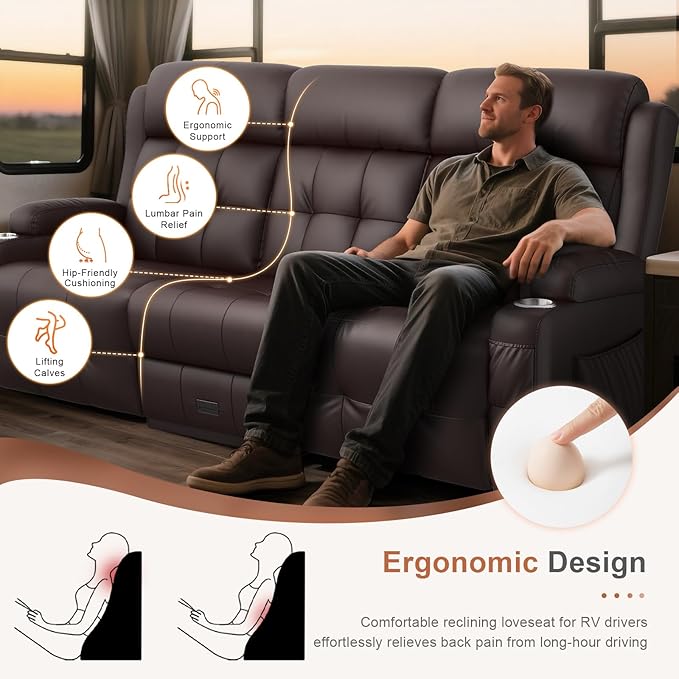 RV Loveseat Recliner Sofa, Built-in Power Strip, Massage Wall Hugger 3-Seater