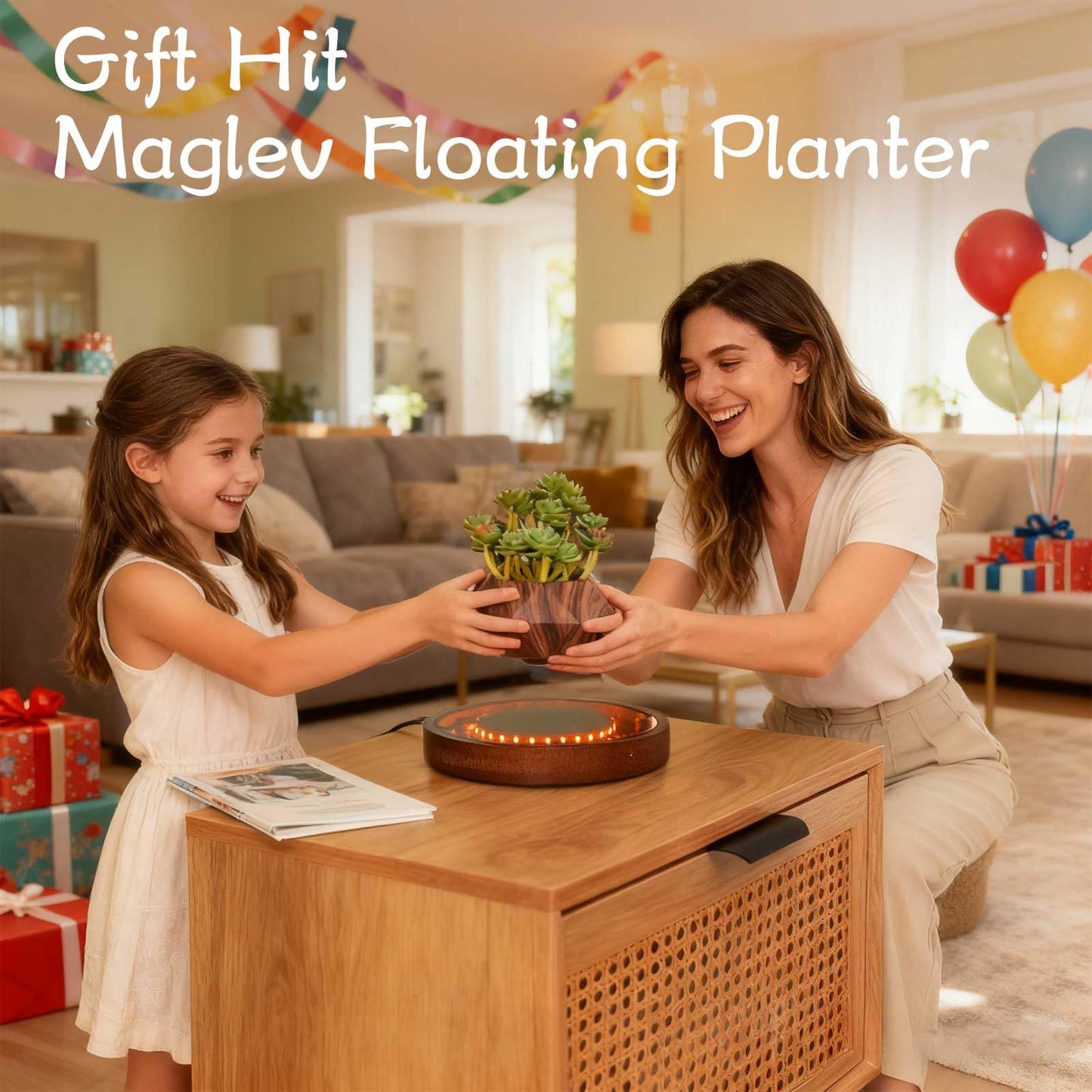 CENTRALEV Magnetic Levitating Plant Pot with LED Light, 360° Rotating Floating Planter for Succulents, Unique Gift for Christmas, Valentine's & Mother's Day, Modern Home Office Desk Decor