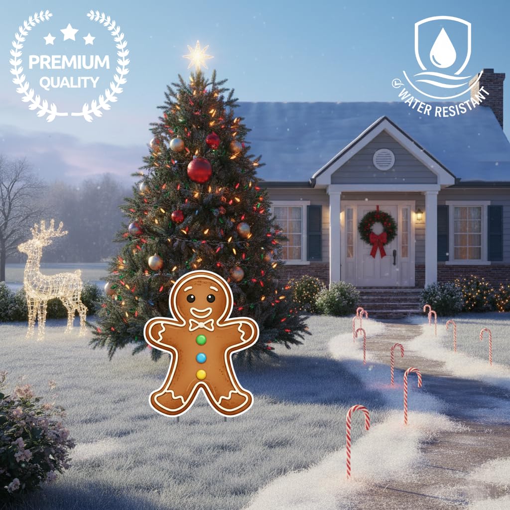 Christmas Gingerbread Man Ginger Bread Classic Yard Sign for Home Decor and Lawn Decoration With Stakes, Green Merry Christmas Sign Tree Cookie (Brown)