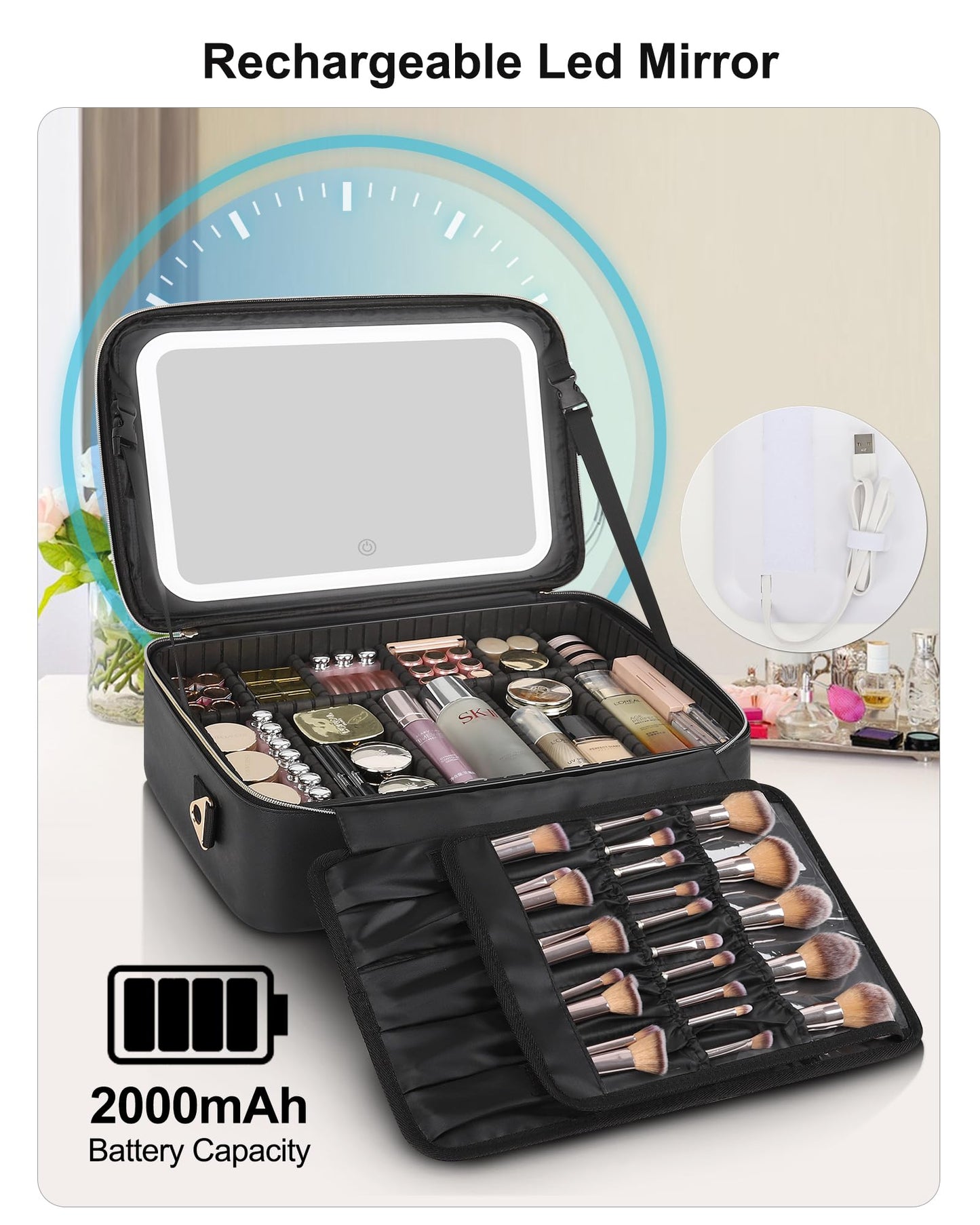 Relavel Travel Makeup Bag With LED Mirror, Cosmetic Train Case with Light up Mirror, Portable Makeup Artist Organizer Bag with Adjustable Dividers, Makeup Brush Holder Storage, Black