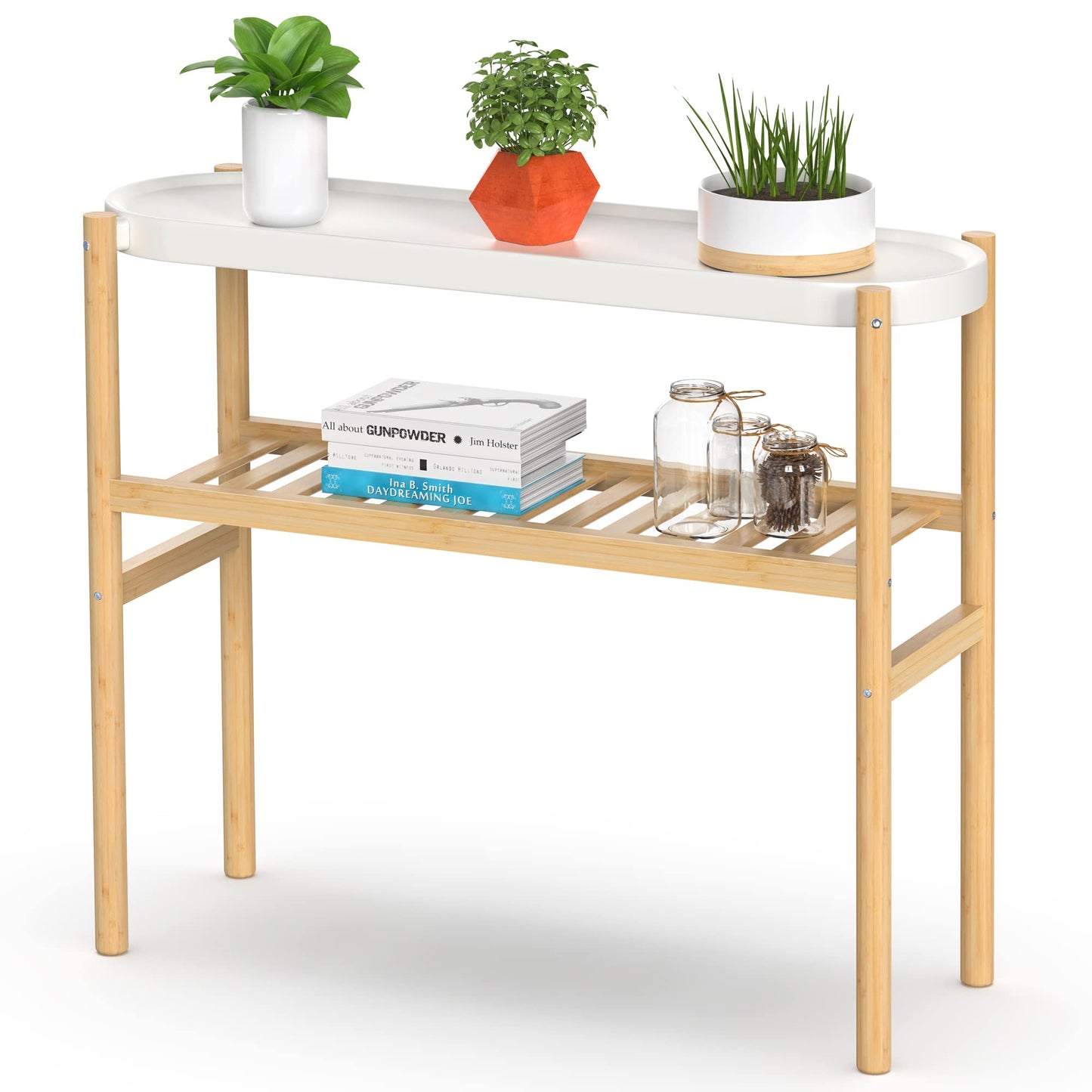 Wisuce Bamboo Plant Stands Indoor, 2 Tier Steel Tray Tall Corner Plant Stand Holder & Plant Display Rack for Outdoor Garden Indoor Home (1 - 2 Tier)