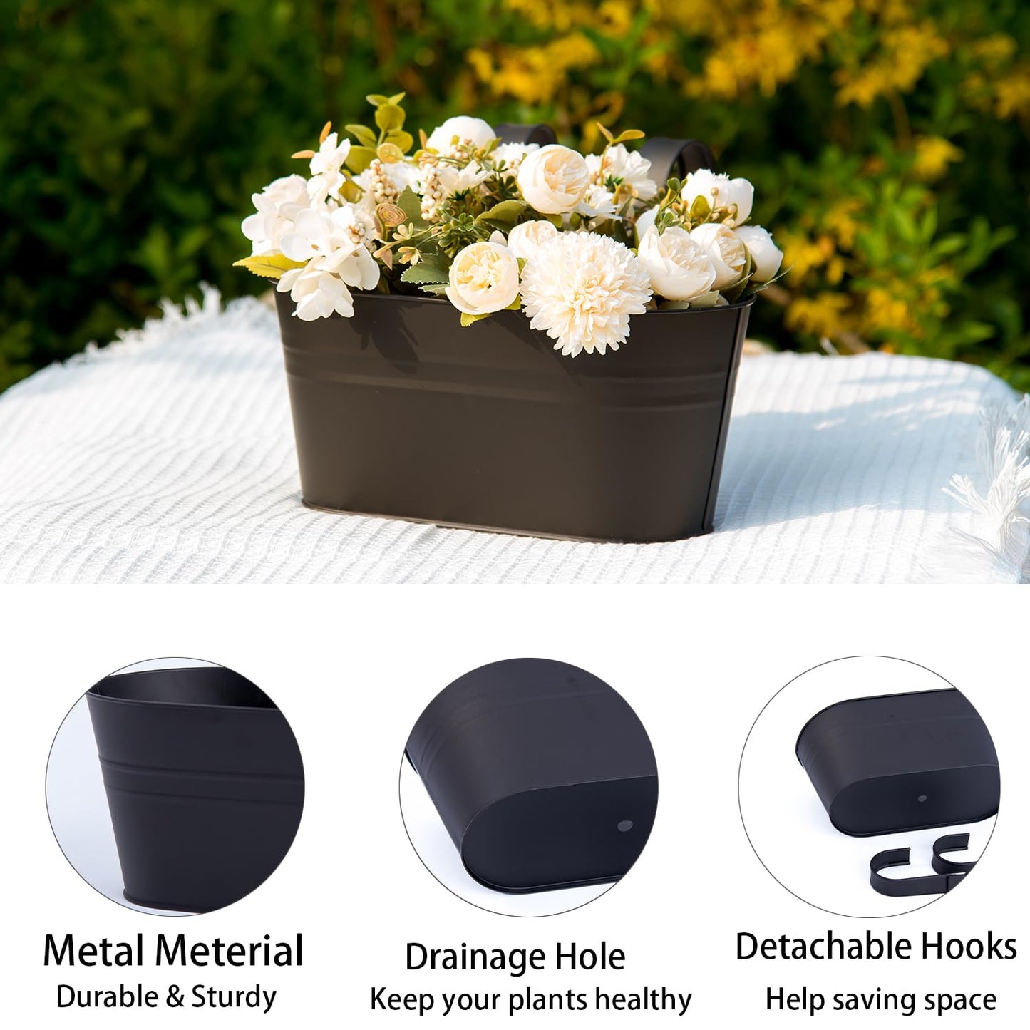 pansparade 3 Pack Metal Hanging Flower Pots for Railing Fence，Outdoor Balcony Rail Planter with Detachable Hooks Drainage Holes for Deck Garden Home Decor Black