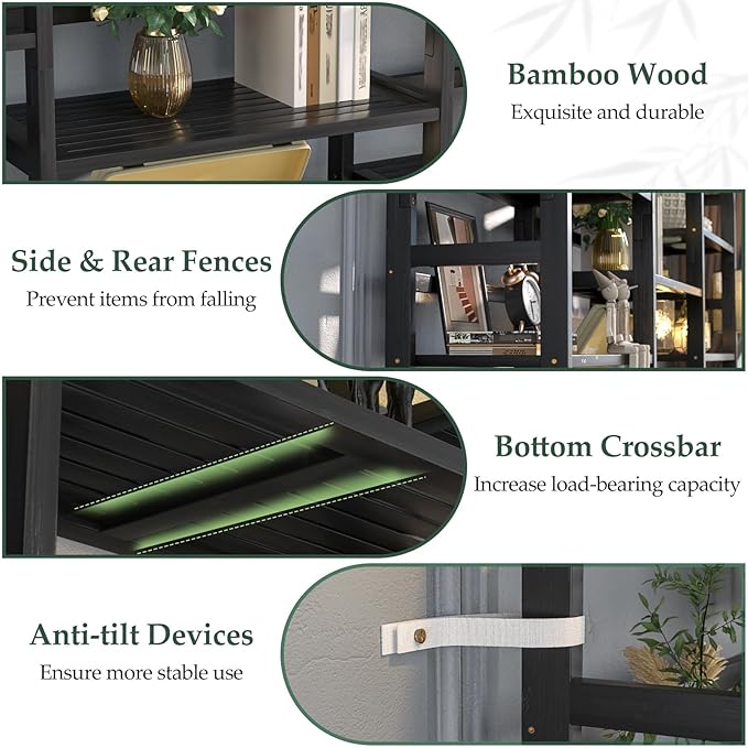 Homykic Bamboo Bookshelf, 71” Tall Triple Wide Bookcase