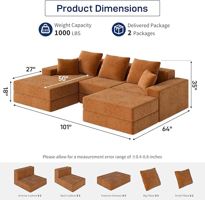 Living&Giving 101" U-Shaped Cloud Sectional Couch