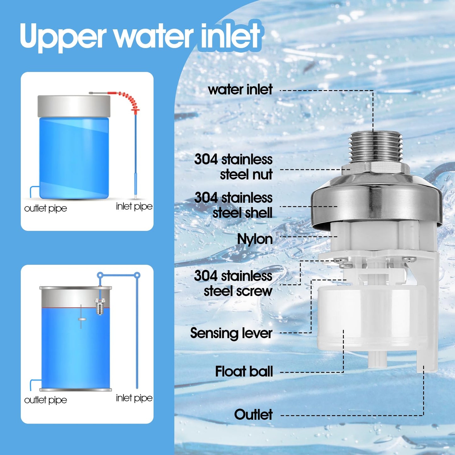 2 Pack Water Float Valve 1/2" to 3/4'' Auto Shut off Water Tank Float Valve 304 Stainless Steel Fully Automatic Level Control for Pool, Livestock Troughs