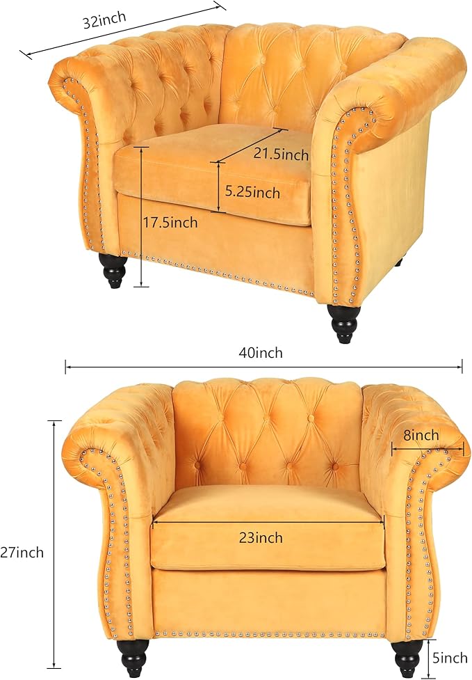 ORRD 3 Piece Living Room Set, Velvet Chesterfield Sofa Loveseat Couch Chair