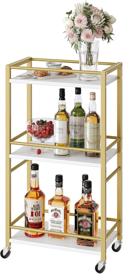 MAHANCRIS Bar Cart for The Home, 3-Tier Drink Cart on Wheels, Home Bar Serving Cart, Mini Bar Cart for Small Space, Rolling Kitchen Carts for Bar, Kitchen, Dining Room, Gold RCJW4001