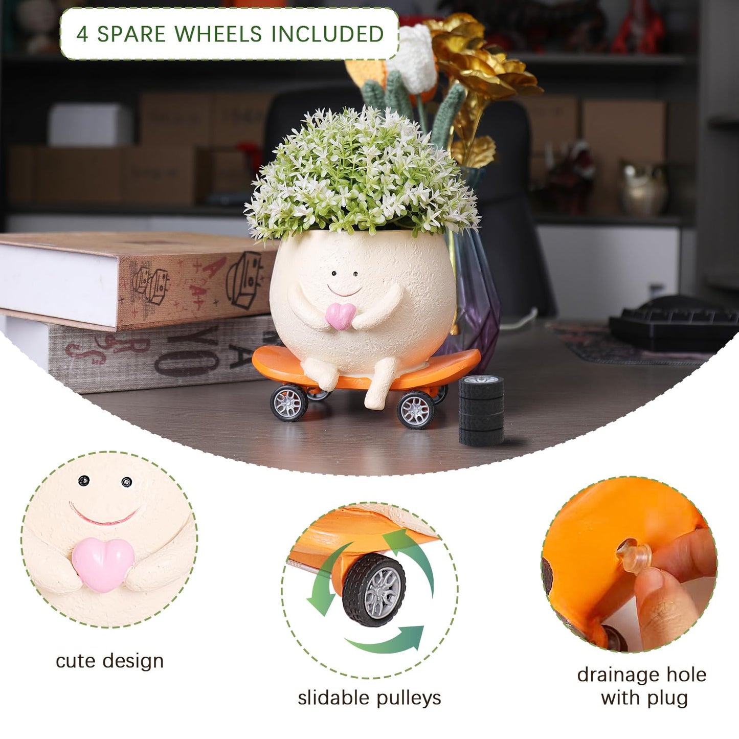 Funny Smily Face Planter Pot with Drainage Hole for Indoor and Outdoor Unique Resin Rolling Skate-Shaped Succulent Flower Pots Novelty Gift for Valentine's Day, Home Decors