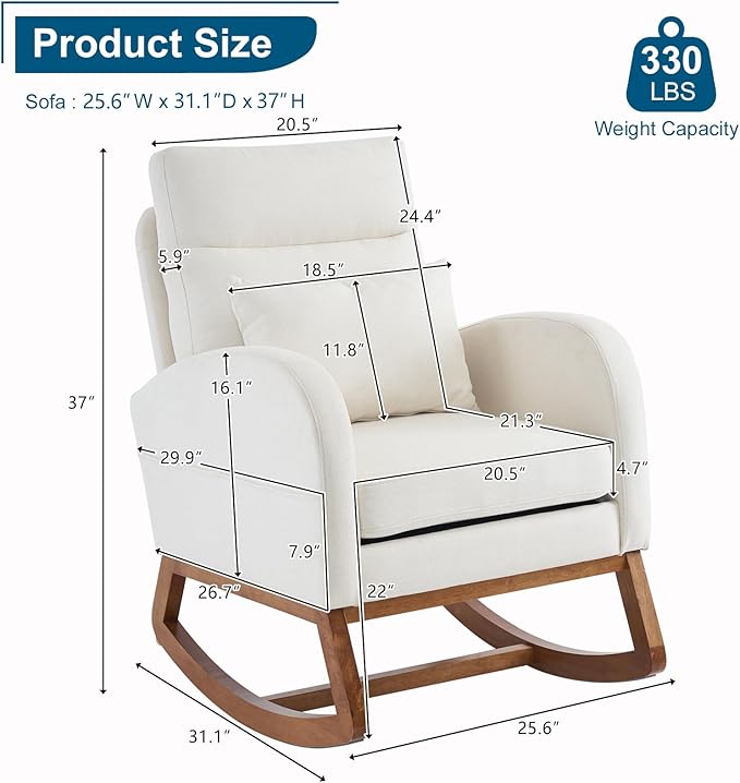 VINGLI Beige Linen Nursery Rocking Chair