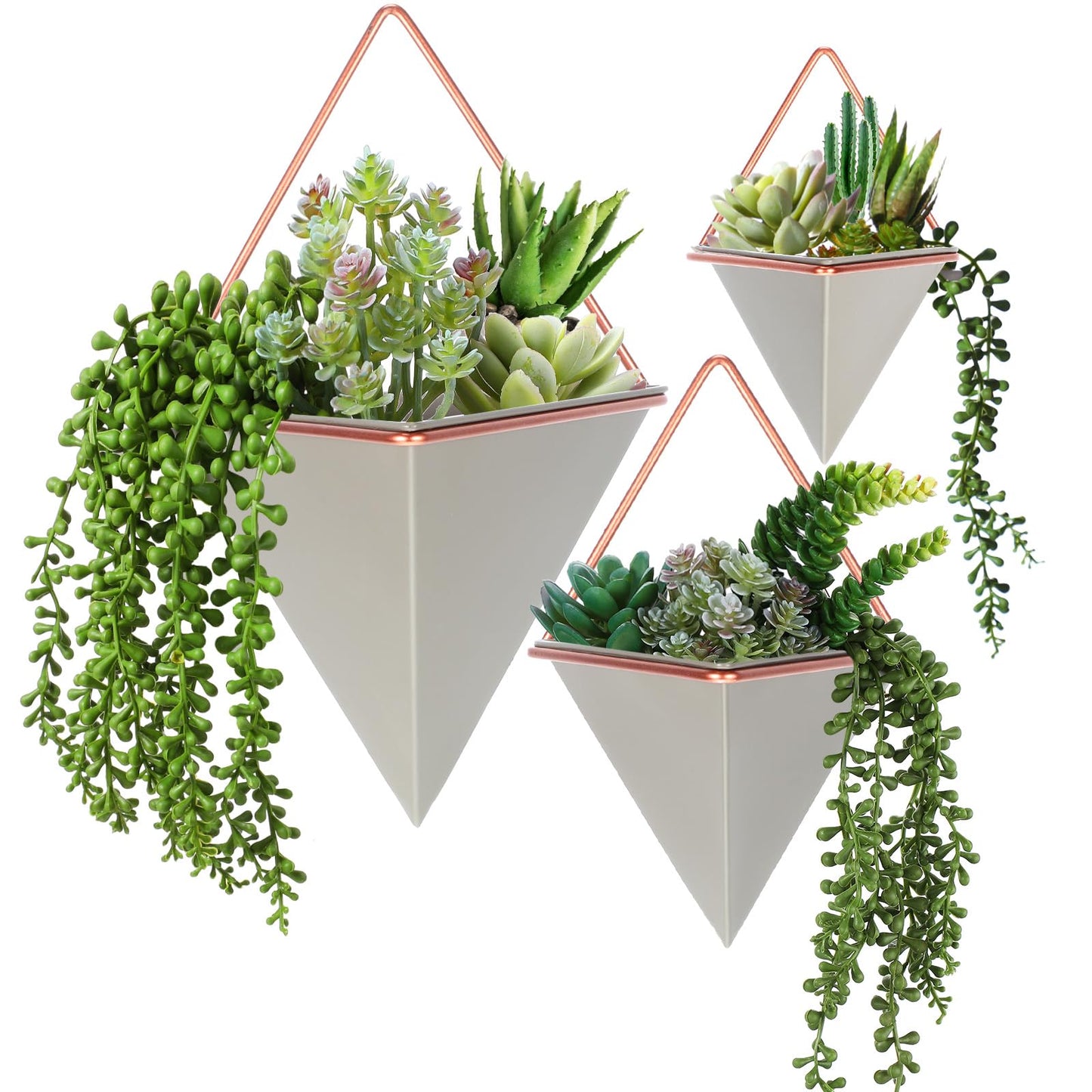 Rtteri 15 PCS Gray Wall Hanging Planter Set with Artificial Succulents, 3 Ceramic Geometric Wall Planters in 3 Sizes, Modern Indoor Decor for Living Room Bathroom Office