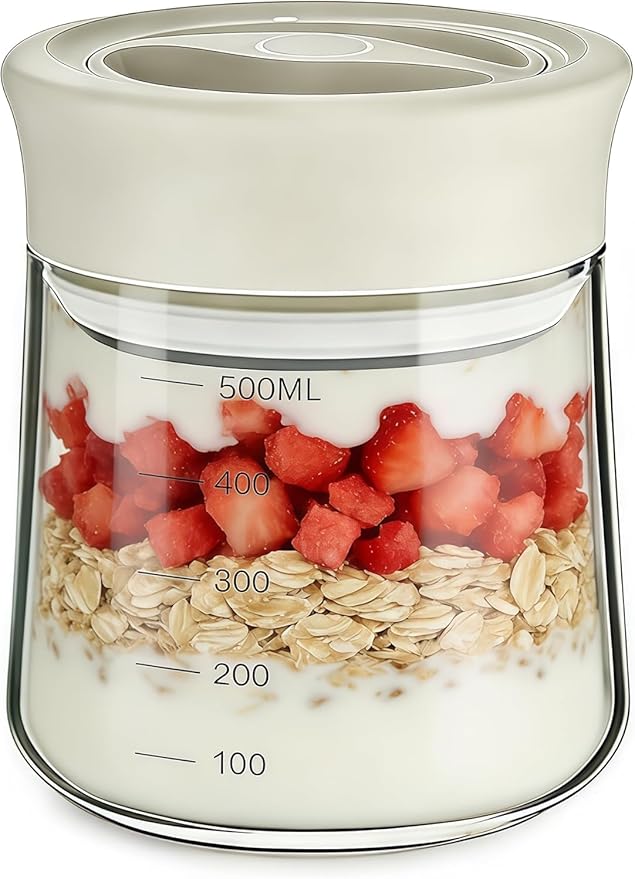MOODTALK Overnight Oats Containers with Lids 2026 Upgrade - 17oz Glass Mason Jars- Anti-Slip Design Borosilicate Glass Storage Tank - Moisture-Proof Oat Snack Can