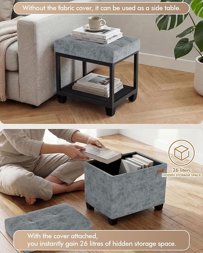 ABHENG Chenille Metal Framed Storage Ottoman, 12.2" D x 16.1" W x 17.7" H