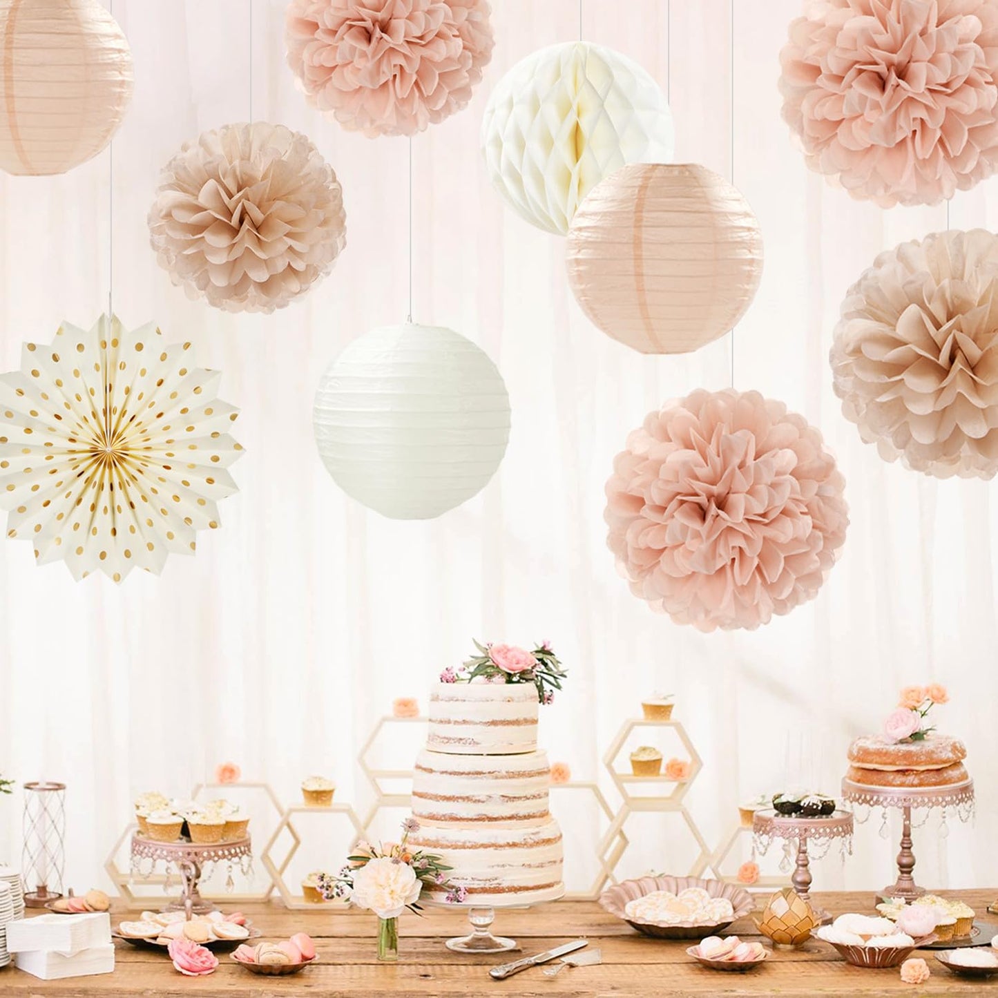 Champagne-Gold Beige-Peach Boho Party-Decorations Streamers - 14pcs Fall Neutral Baby Shower Rustic Bohemian Wedding Paper Honeycomb Lanterns Fan,Birthday Bachelorette Bridal Decor Lasting Surprise