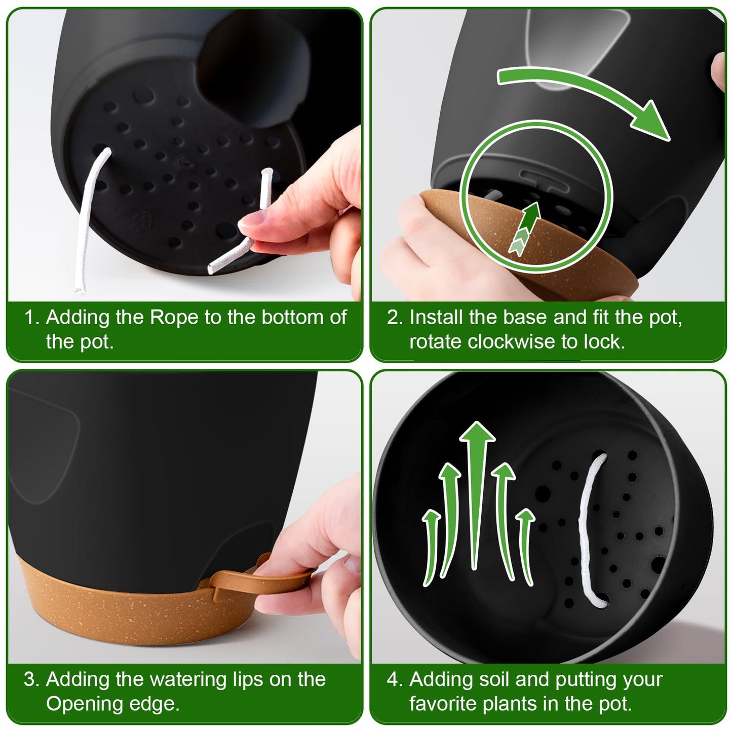 5-Pack Plant Pots with Drainage 7/6.5/6/5.5/5 Inch Self Watering Pots for Indoor Outdoor Plants, Plastic Flower Pots with Drainage Holes and Removable Saucers, Plant Pots with Wicking Rope (Black)