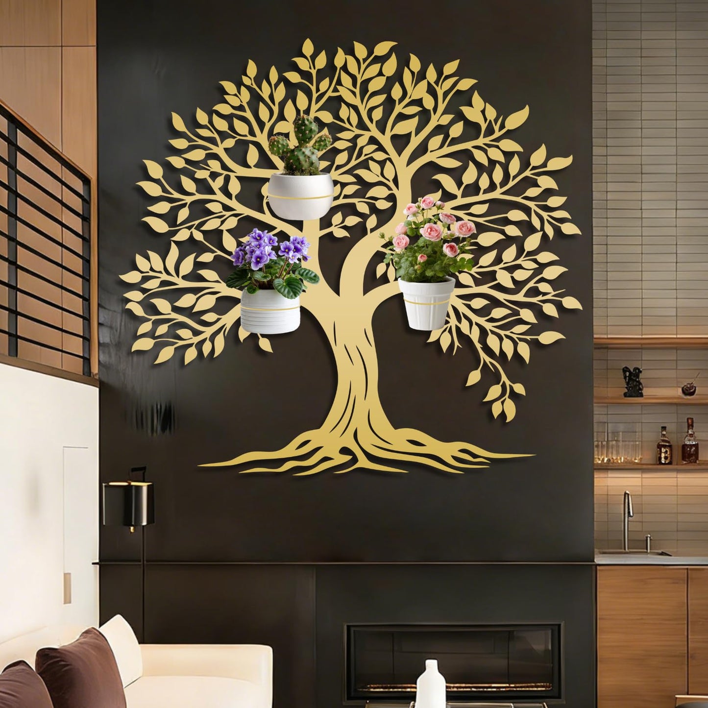 Tree of Life Metal Wall Mounted Plant Holder, Tree Wall Plant Holders Indoor Stand, Metal Hanging Plants Shelf for Living Room, Entryway (Black, 31"x 29"| 80x75cm, 3 Pack 6" Flower Pot Holder Ring)